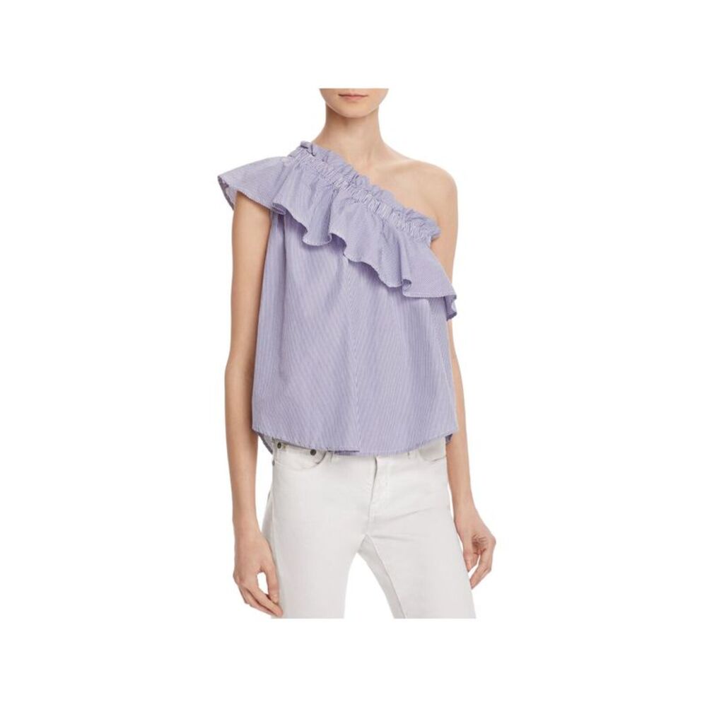 BIRDS OF PARADIS Womens Blue Ruffled Asymmetrical Neckline Tunic Top M